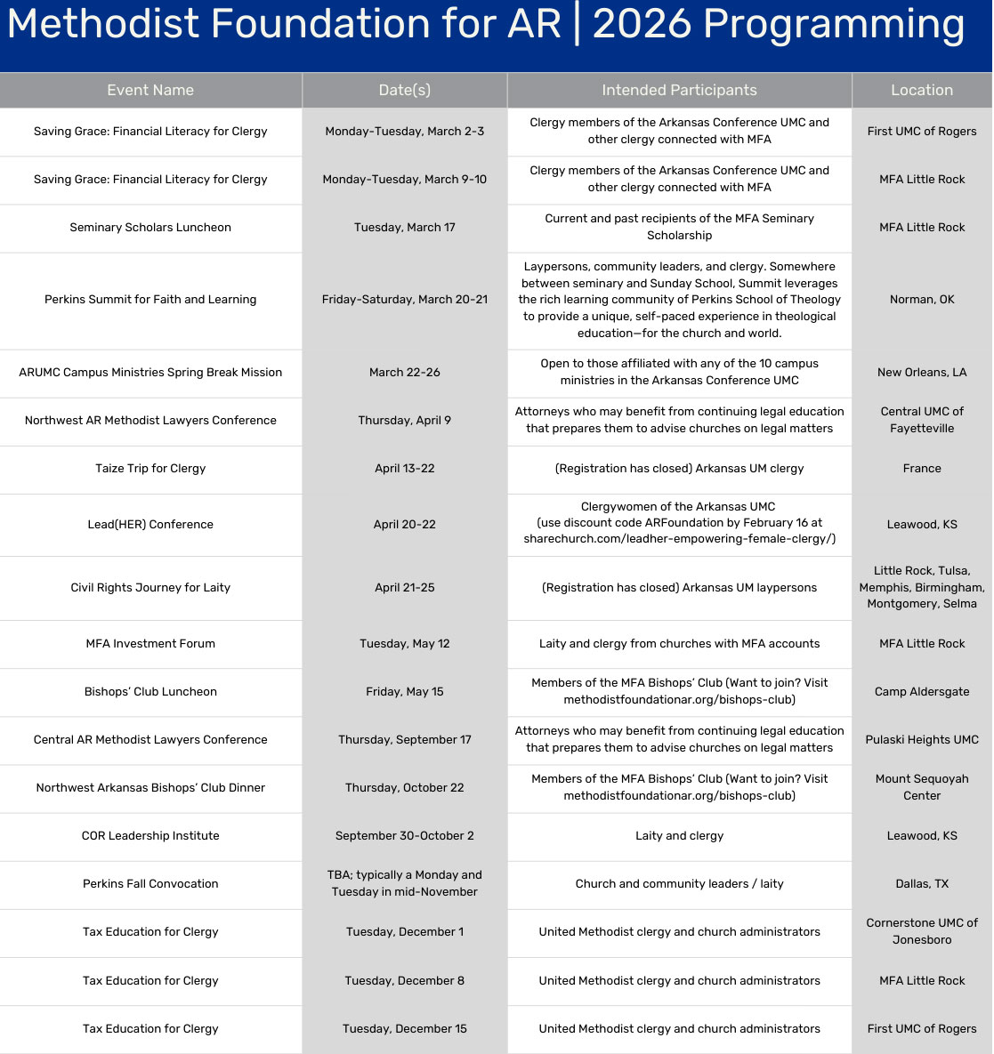 MFA Event Programming Table 2026